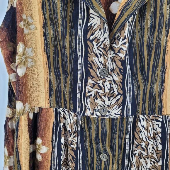 Vtg 80s Tropical Floral Button Front Dress Sz M Sleeveless Rayon Brown Pockets - Picture 6 of 12